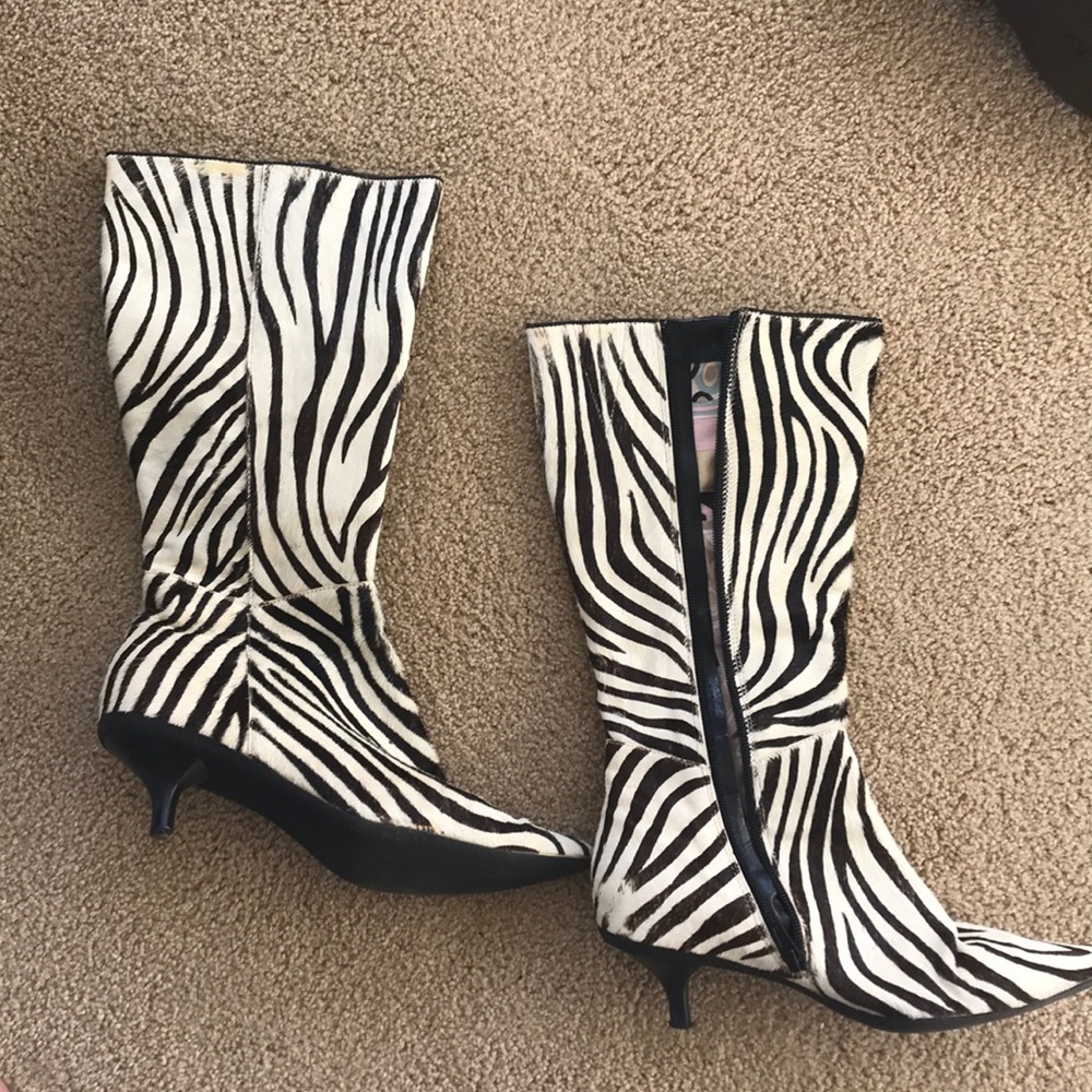 Faux fur zebra print boots with kitten heel